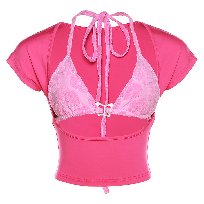 Damen Crop Top mit verspieltem Aquarell-Design und regulierbarem Ausschnitt Drune