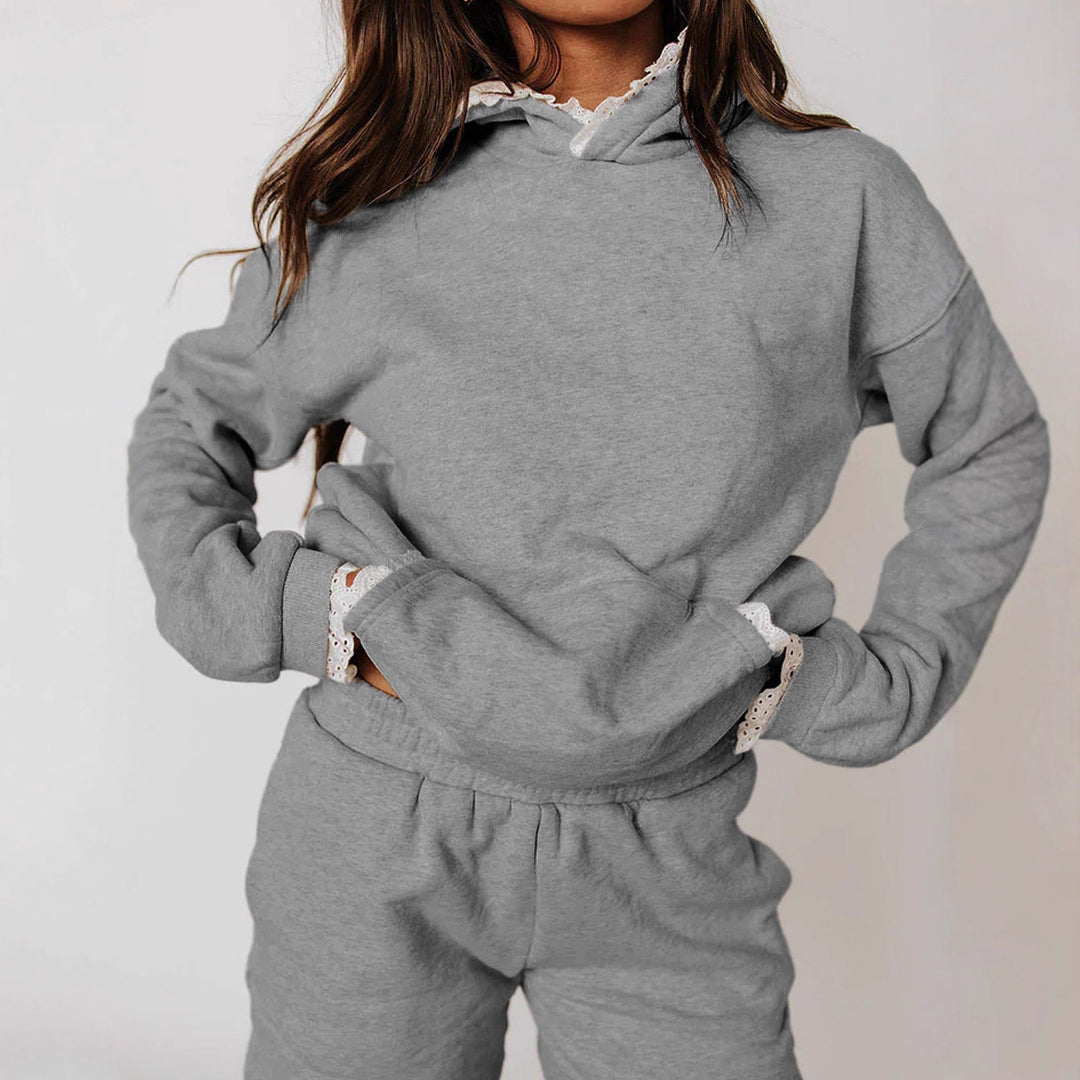 Damen Lässiges Hoodie-Set mit dekorativem Spitzensaum Drune