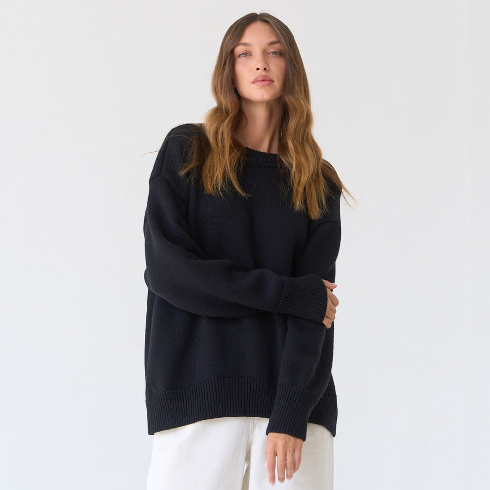 Damen Grobstrickpullover mit weitem Schnitt und lässigem V-Ausschnitt Drune