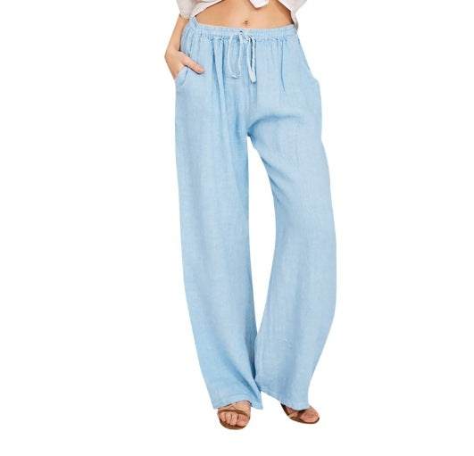 Damen nan weite Leinenhose mit elastischem Bund Kordelzug und Seitentaschen Drune