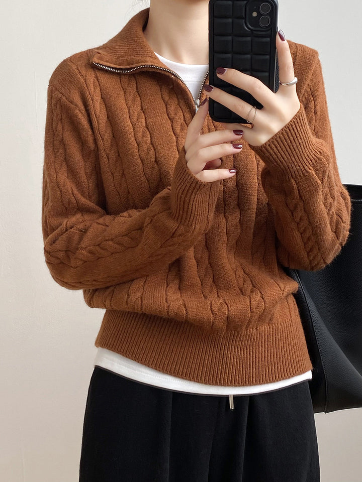 Damen Strickpullover mit Zopfdesign und modernem Stehkragen Drune