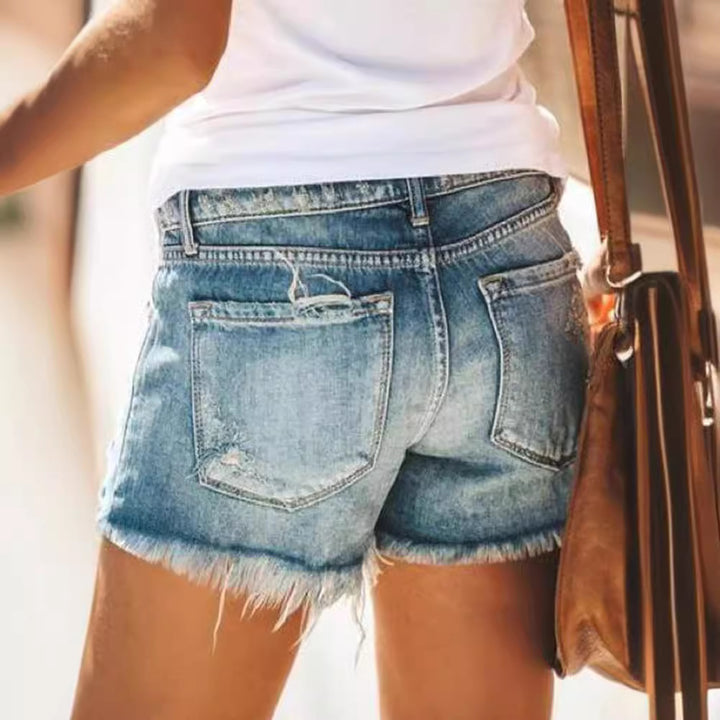 Damen Destroyed Denim-Shorts im modernen Look mit Fransen Drune