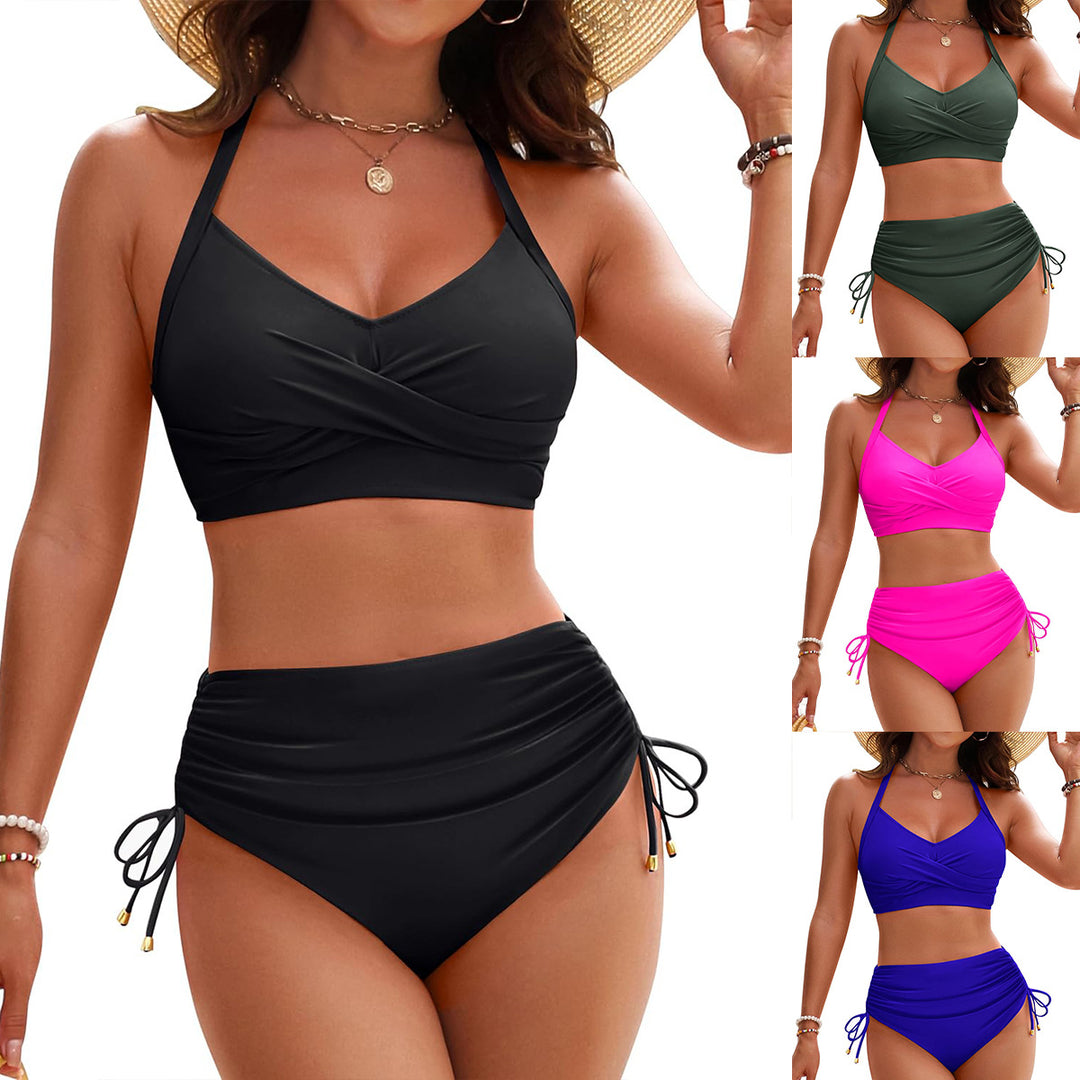 Damen Hochtailliertes Bikini-Set mit elegantem Wickeldesign und verstellbaren Trägern Drune