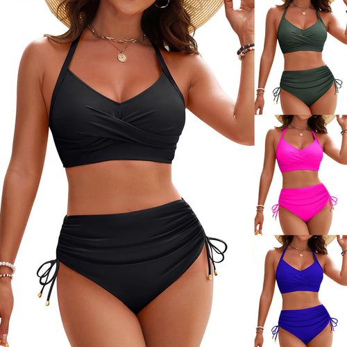 Damen Hochtailliertes Bikini-Set mit elegantem Wickeldesign und verstellbaren Trägern Drune