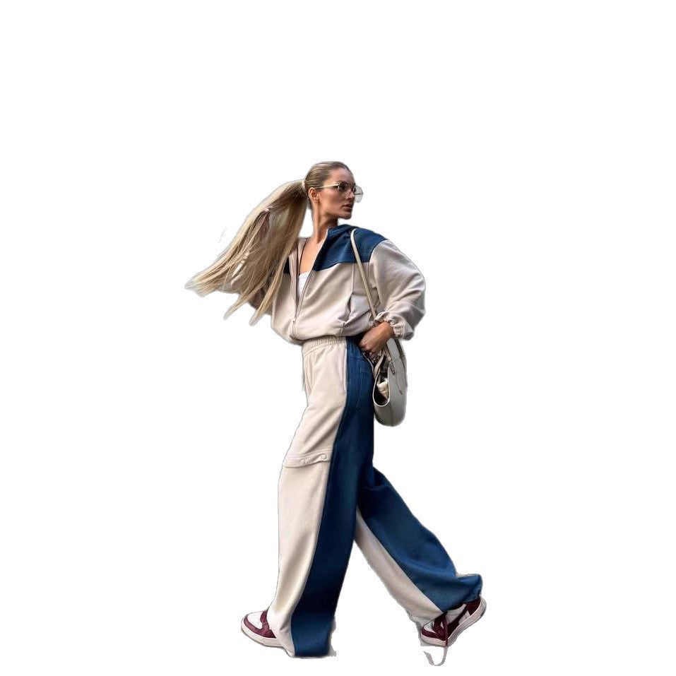 Damen modisches Freizeit-Outfit mit sportlicher Jacke und kreativen Cut-Out-Hosen Drune