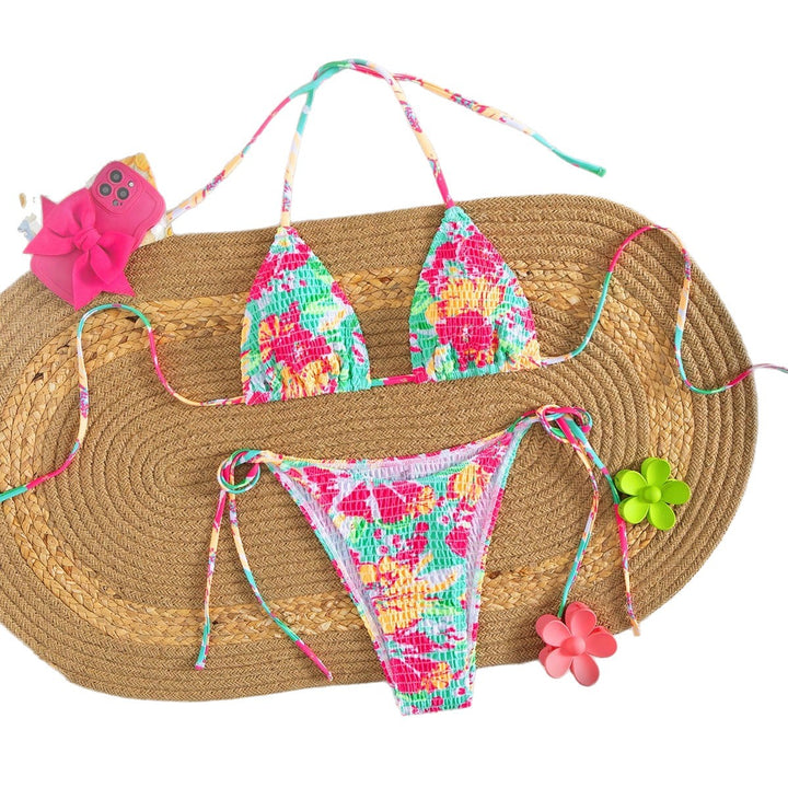 Damen Triangel-Bikini mit buntem Blumenmuster und verstellbarem Bindeband Drune