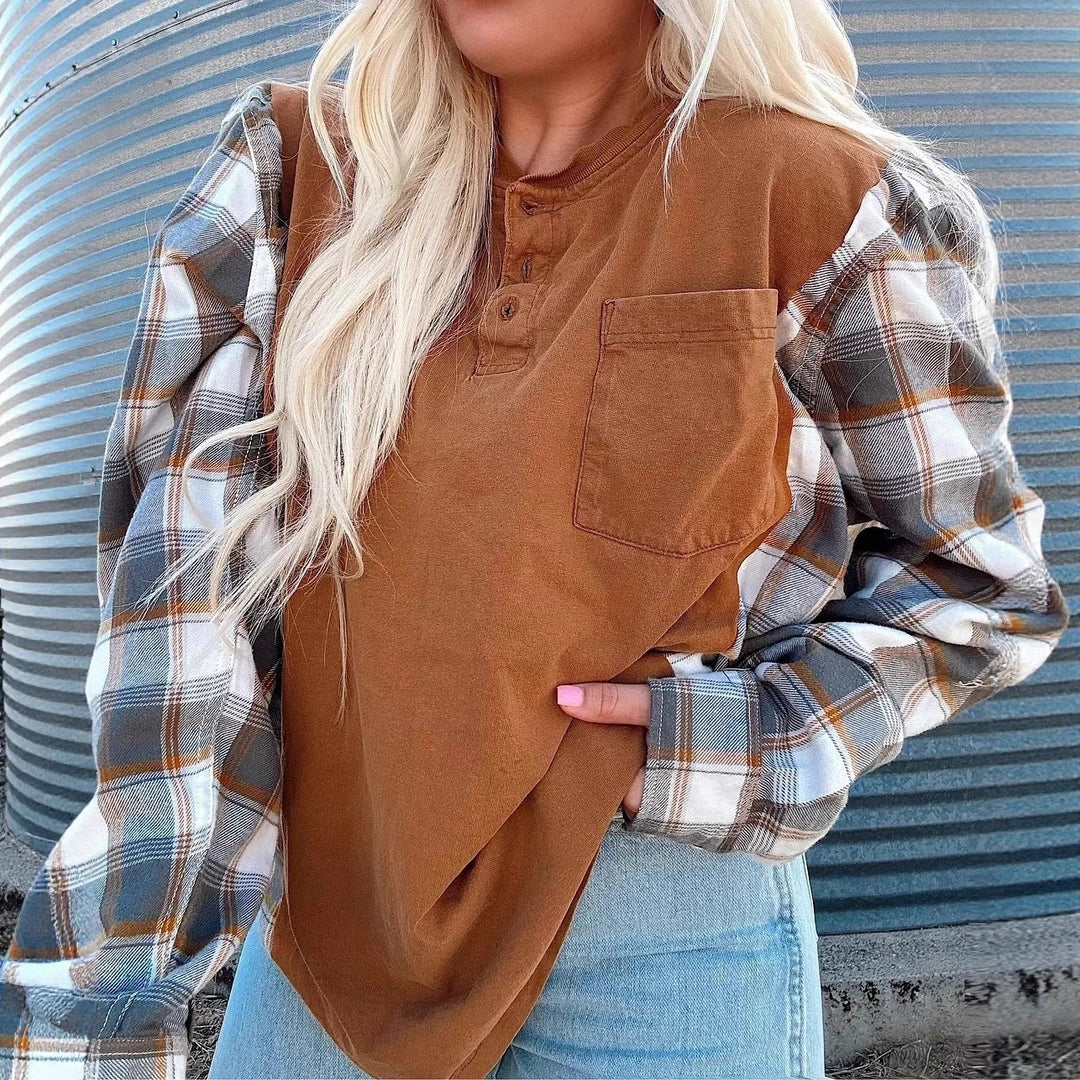 Damen Langarmshirt mit karierten Ärmeln Drune