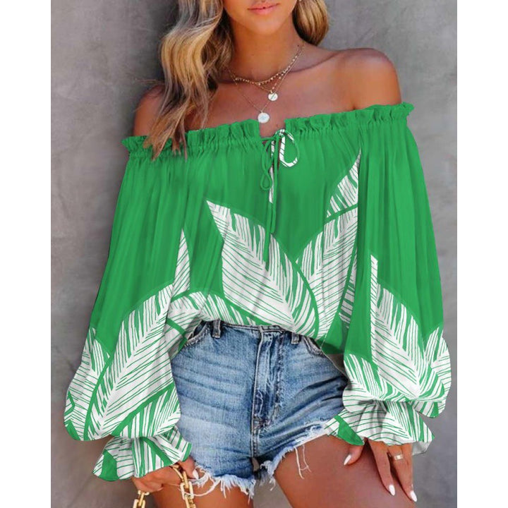 Damen Off-Shoulder Bluse mit buntem Muster und elastischem Saum Drune