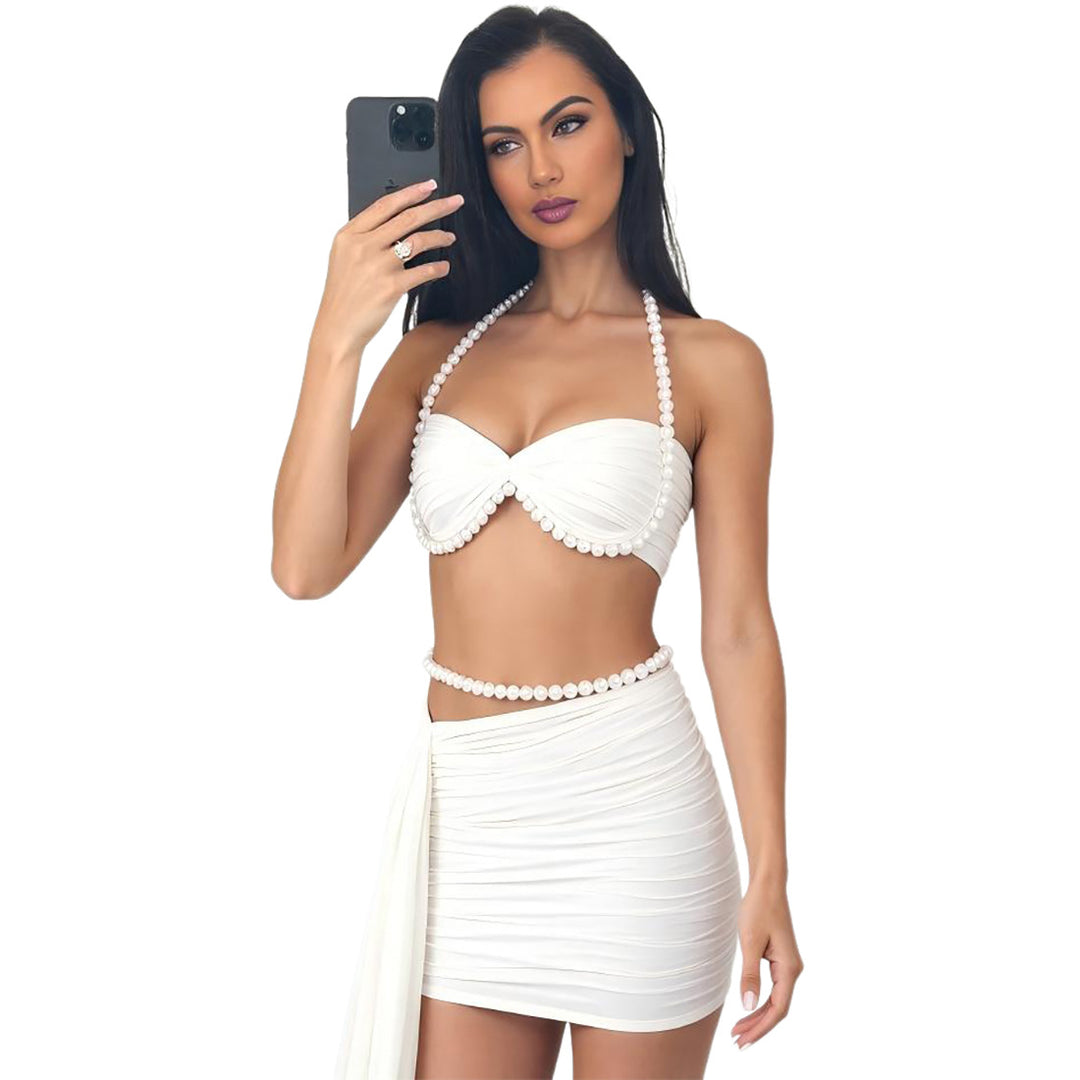 Damen Elegantes Bikiniset mit drapierten Details und Perlenakzenten Drune