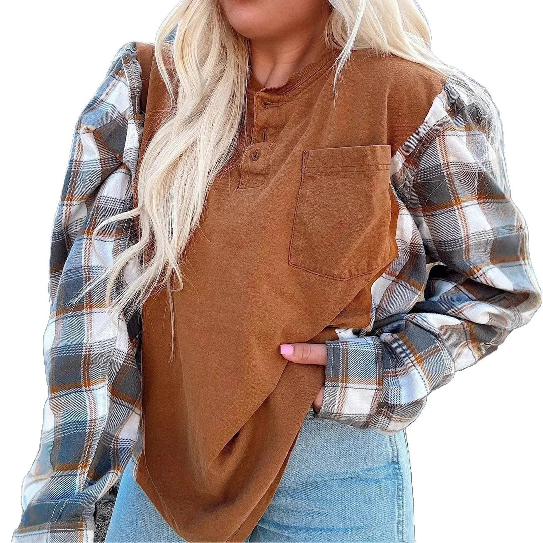 Damen Langarmshirt mit karierten Ärmeln Drune