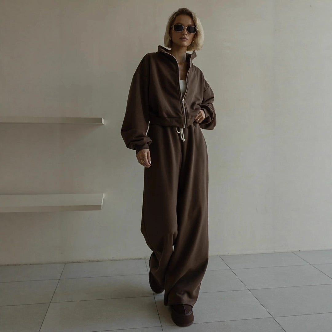 Damen lässiger Freizeitanzug mit cropped Jacke und bequemen Weitbeinen Drune