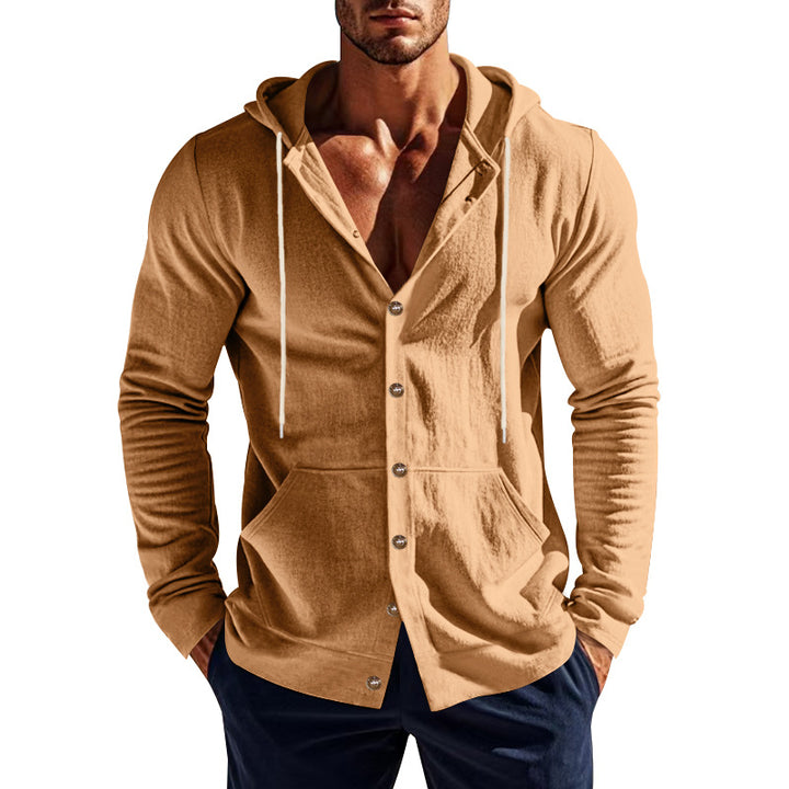 Herren nan sportive Kapuzenjacke mit Knopfverschluss, Kängurutasche und figurbetonter Passform Drune