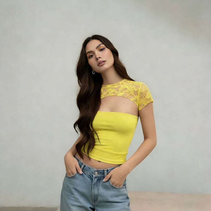Damen Cropped Top mit Spitzenmuster und figurbetontem Schnitt Drune