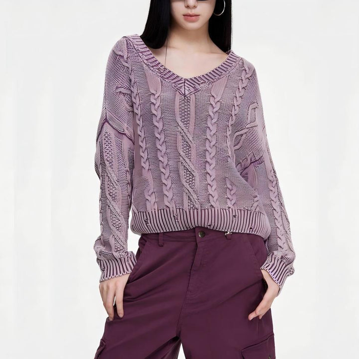 Damen Strickpullover mit Zopfmuster und V-Ausschnitt Drune