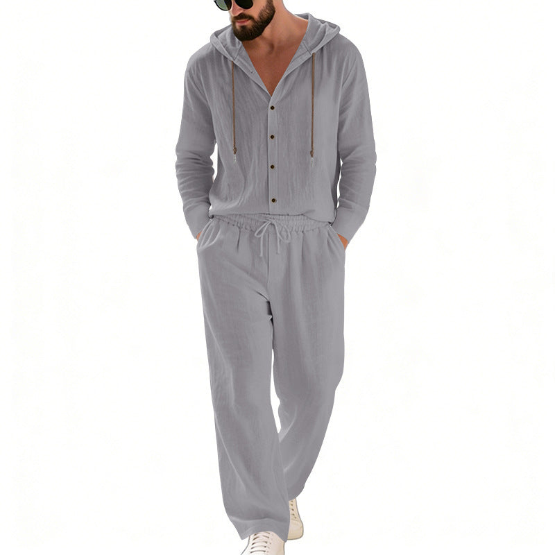 Herren nan legeres Kapuzen-Lounge-Set mit Knopfleiste, Kordelbundhose und seitlichen Eingrifftaschen Drune