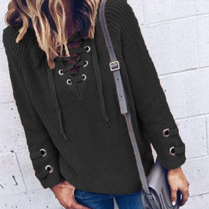 Damen Lässiger Strickpullover mit dekorativem Schnürdesign und weiten Ärmeln Drune
