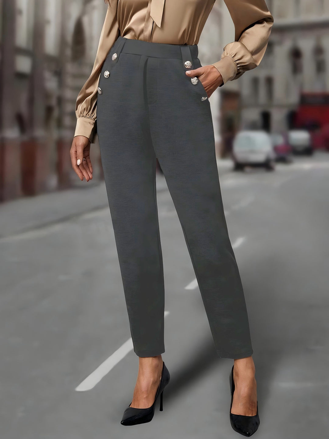 Damen elegante Anzughose mit doppeltem Knopfverschluss und schmalem Bein Drune