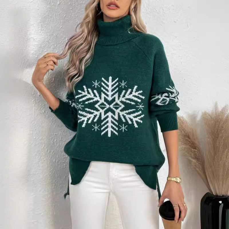 Damen Strickpullover mit hohem Kragen und festlichem Schneeflocken-Motiv Drune