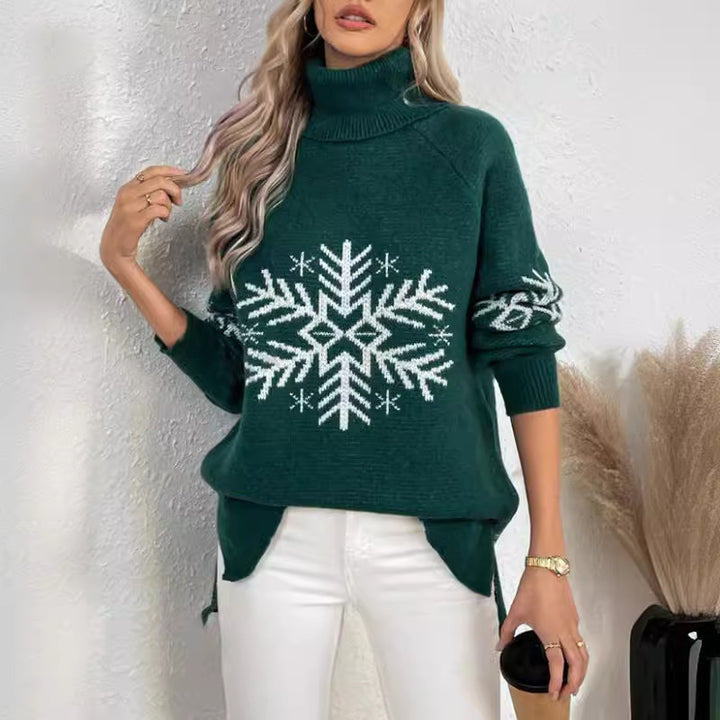 Damen Strickpullover mit hohem Kragen und festlichem Schneeflocken-Motiv Drune