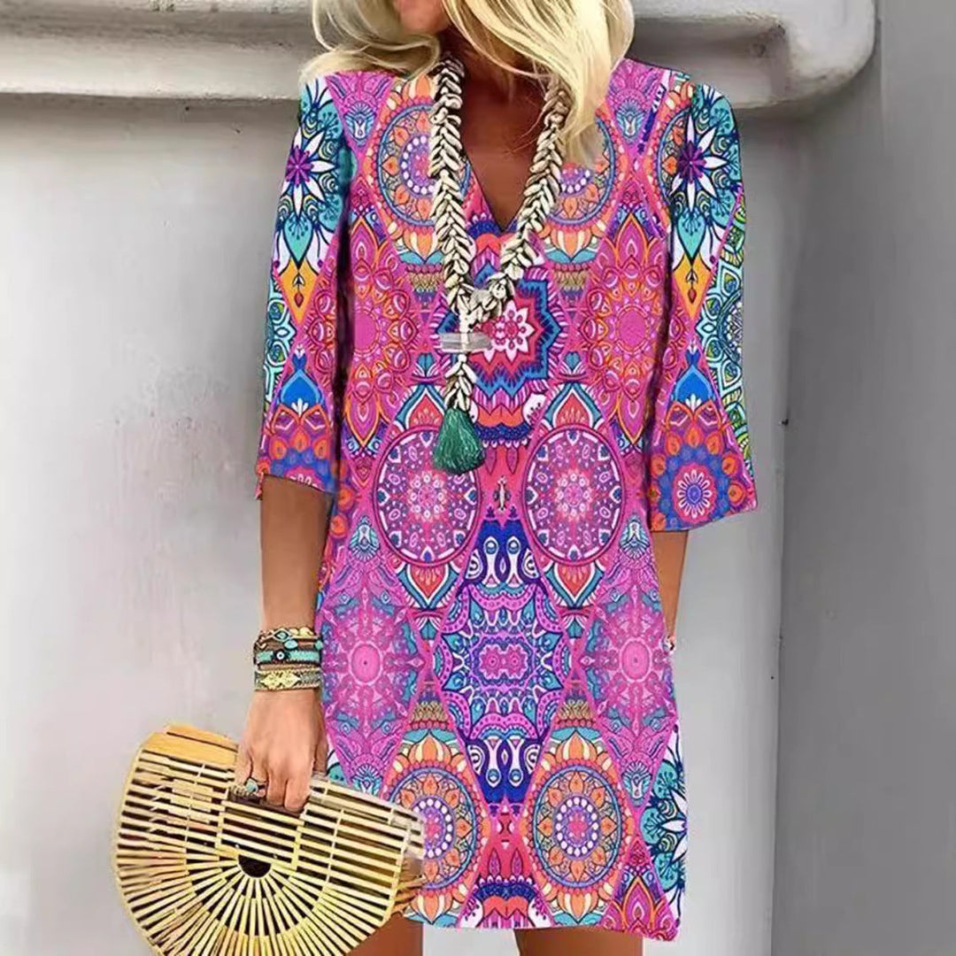 Damen nan kurzes Boho Strandkleid im Mandala-Print mit V-Ausschnitt, dreiviertel-Ärmeln und legerer A-Linie Drune