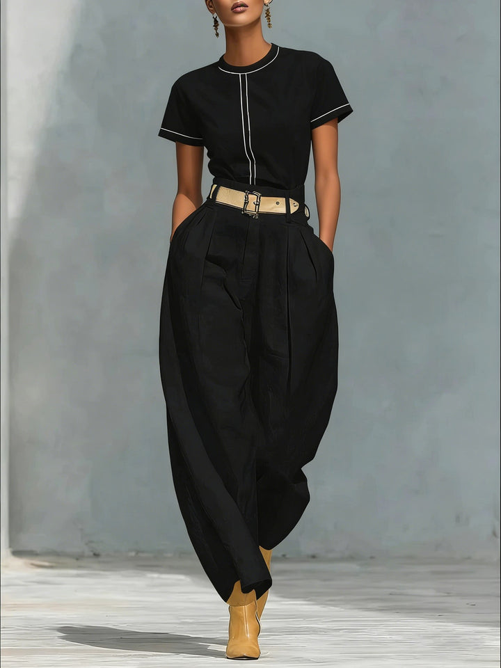 Damen Elegante Bundfaltenhose mit lockerer Passform und verstellbarem Gürtel Drune