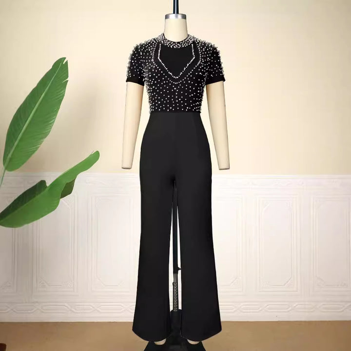 Damen eleganter Jumpsuit mit glitzernden Perlenakzenten Drune
