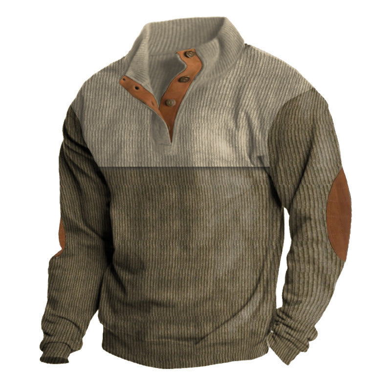 Herren nan strukturiertes Rugby-Pullover mit Stehkragen, Knopfleiste und Leder-Ellenbogenpatches Drune