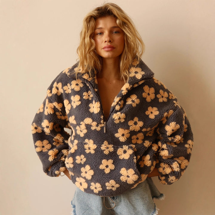Damen lässiger Pullover mit Blumenmuster aus weichem Teddy-Stoff Drune