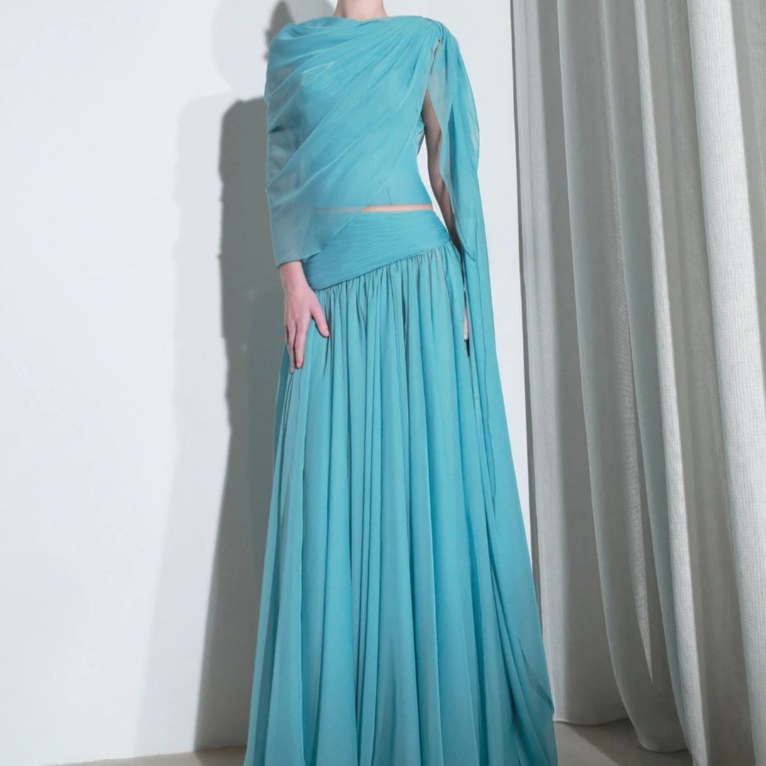 Damen Maxi-Kleid mit asymmetrischem Ausschnitt und fließendem Stoff Drune