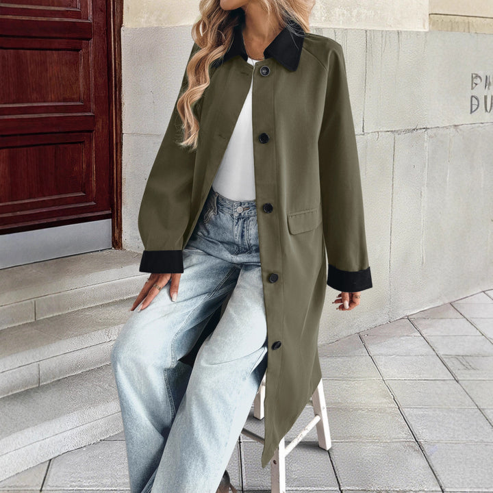 Damen lange Übergangsjacke mit dekorativem Kragen und praktischen Taschen Drune