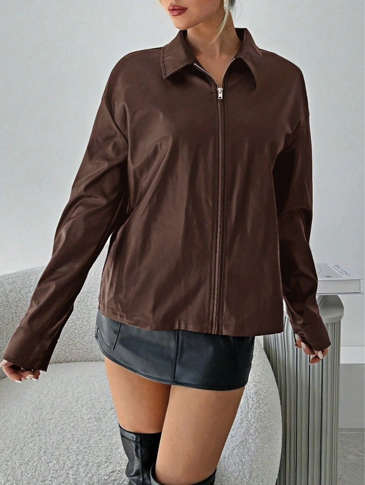 Damen leichtgewichtige Kunstlederjacke mit modernem Reißverschluss Drune