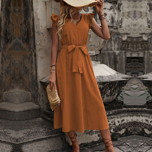 Damen Maxikleid mit v-Ausschnitt und Taillengürtel Drune