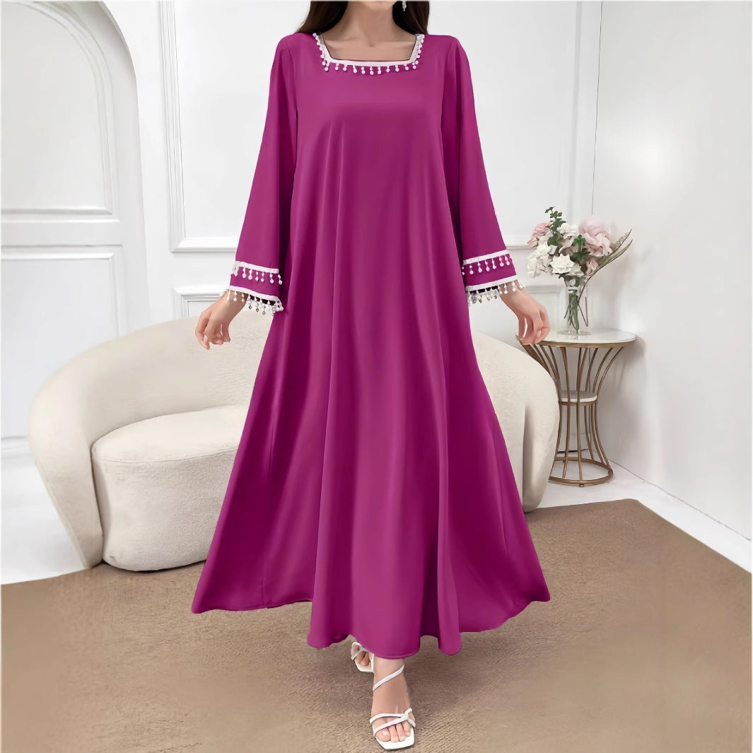 Damen Elegantes Maxikleid mit dekorativen Fransen und weiten Ärmeln Drune
