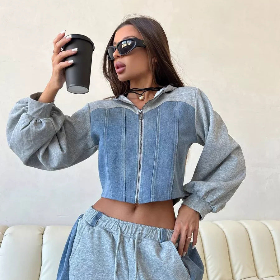 Damen modisches cropped Sweatjacke und weite Hose Set Drune