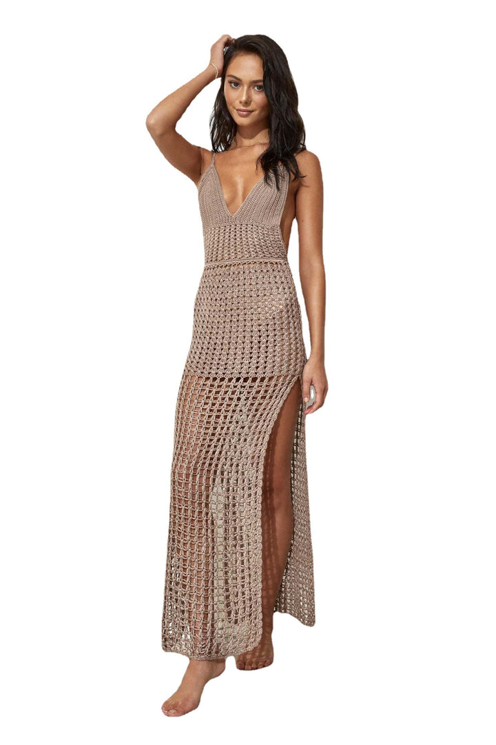 Damen gehäkeltes Strandkleid mit tiefem V-Ausschnitt und seitlichen Schlitzen Drune