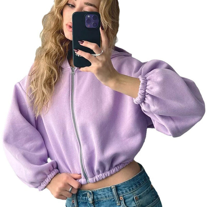 Damen nan oversized Kapuzenjacke kurz geschnitten mit elastischem Saum und Ballonärmeln Drune