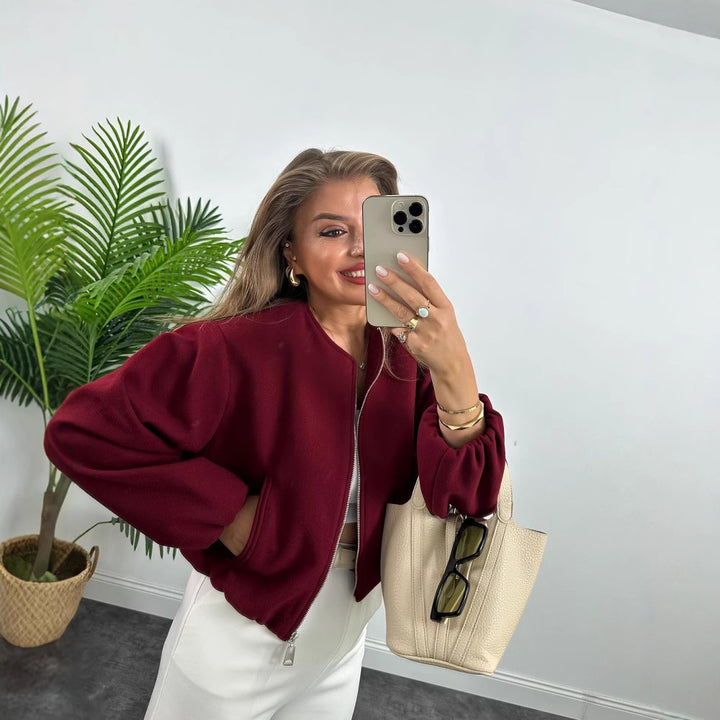 Damen nan kurze Oversize Wollblouson mit Reißverschluss, Ballonärmeln und elastischem Saum Drune