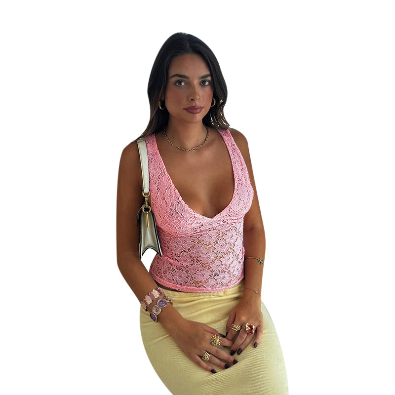 Damen Spitzen-Crop-Top mit tiefem V-Ausschnitt und Rüschendesign Drune