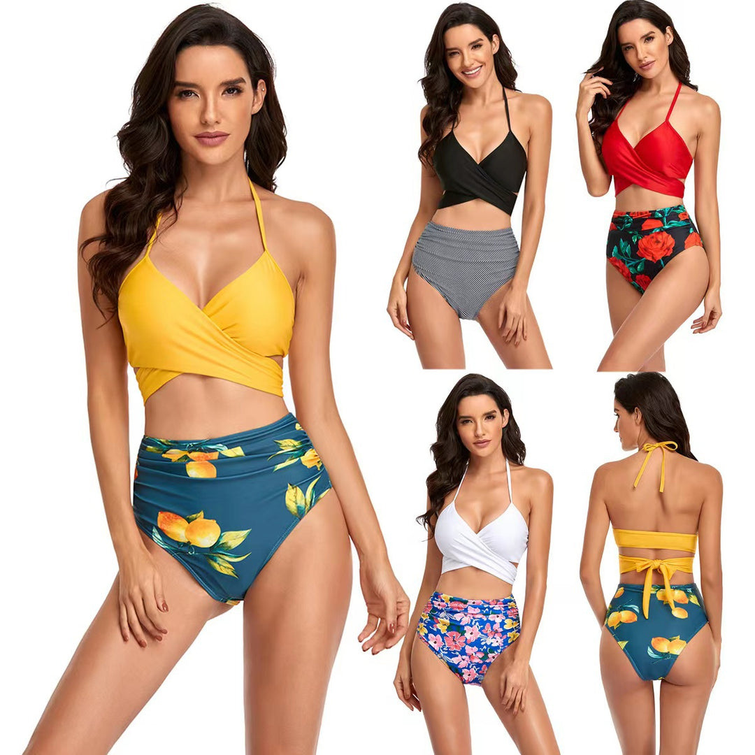 Damen Hochgeschnittener Bikini mit Wickeloberteil und floralen Mustern Drune