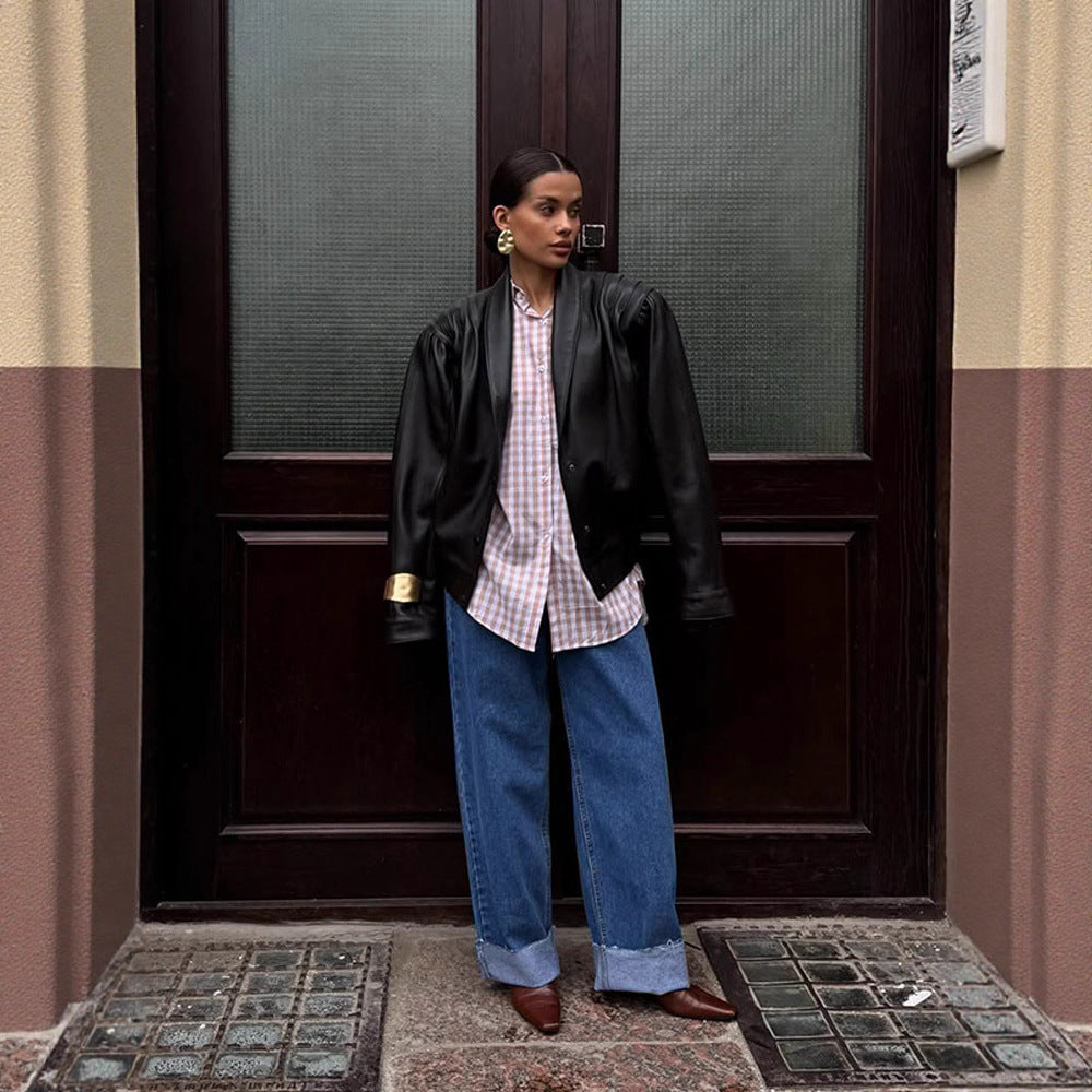 Damen lässige Kunstlederjacke mit voluminösen Ärmeln Drune