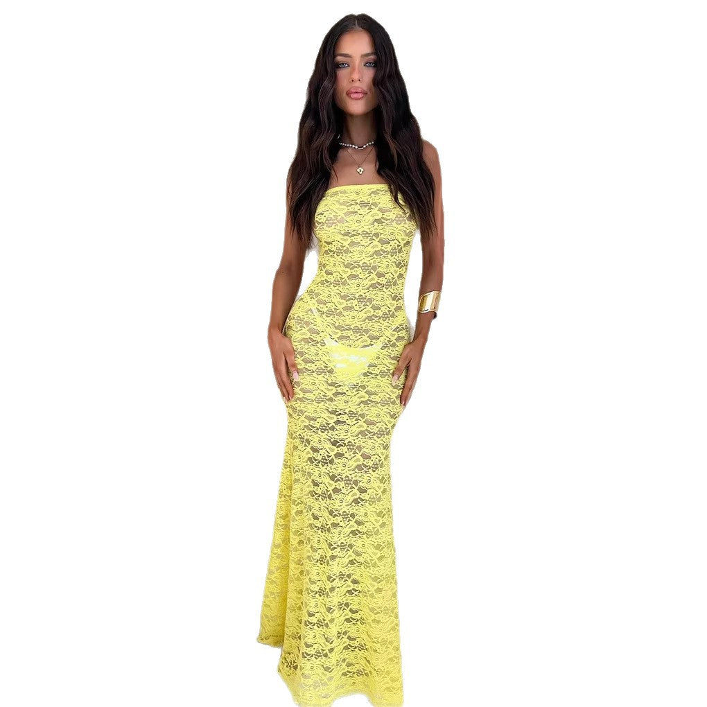 Damen Elegantes Spitzen-Maxikleid mit trägerlosem Design und figurbetontem Schnitt Drune