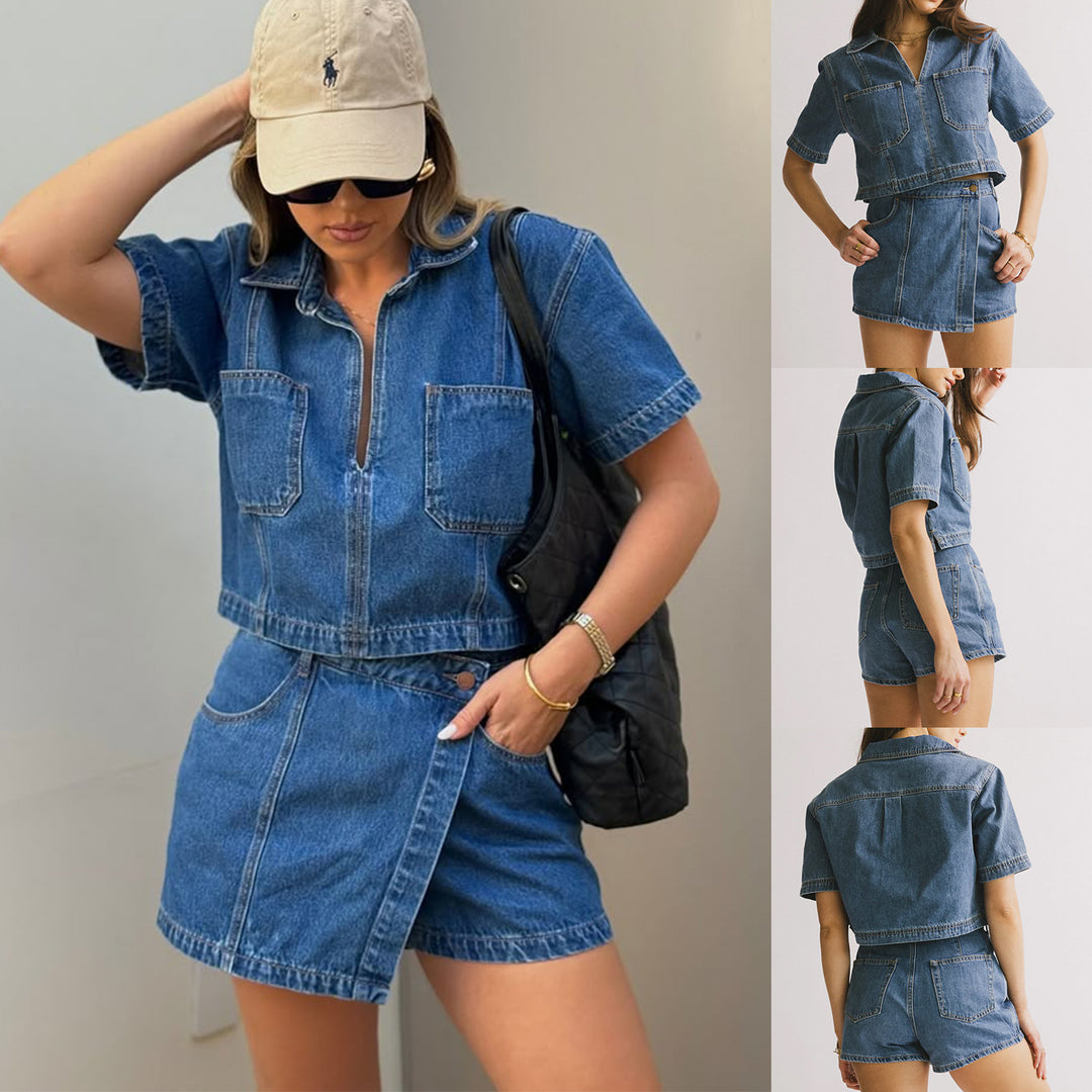 Damen lässiges Denim-Kurzjacken-Set mit passendem Rock Drune