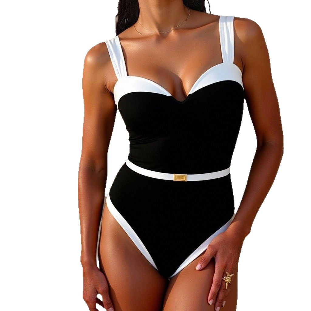 Damen Eleganter Bademode-Einteiler mit Herz-Ausschnitt und Taillengürtel Drune