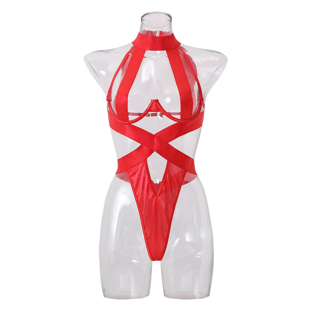 Damen verführerisches Straps-Bodysuit mit raffinierten Schnürdetails und tiefem V-Ausschnitt Drune