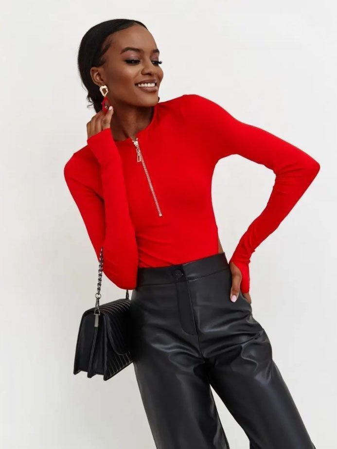 Damen Langarm-Bodys mit Reißverschluss und seitlichem Cut-Out Drune