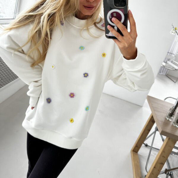 Damen bequemer Sweatshirt mit farbenfrohen Blumenapplikationen Drune
