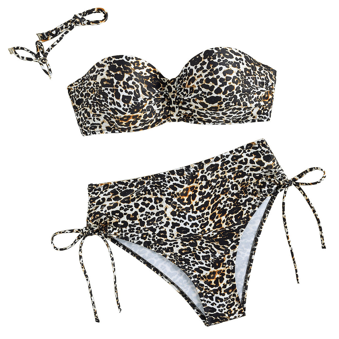 Damen Strand-Bikini mit raffiniertem Leopardenmuster und hohem Taillenschnitt Drune