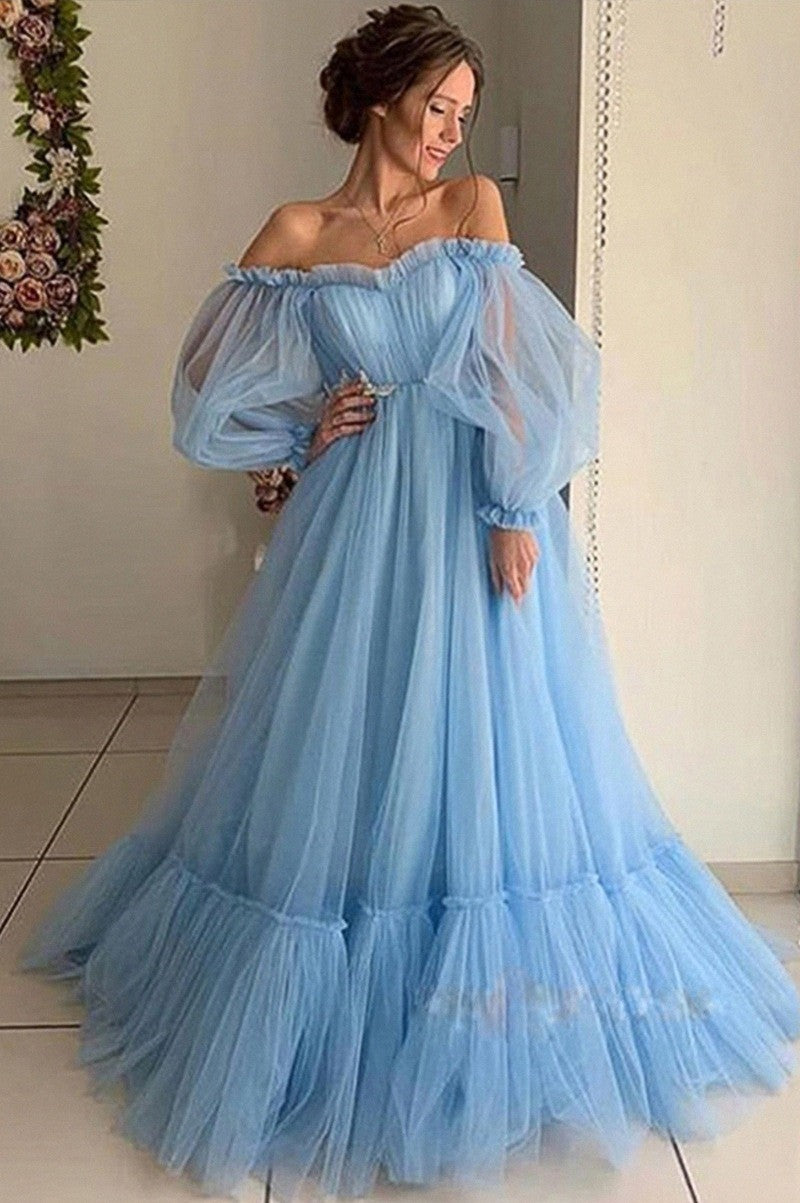 Damen Tüll Abendkleid mit schulterfreiem Design und voluminösen Ärmeln Drune