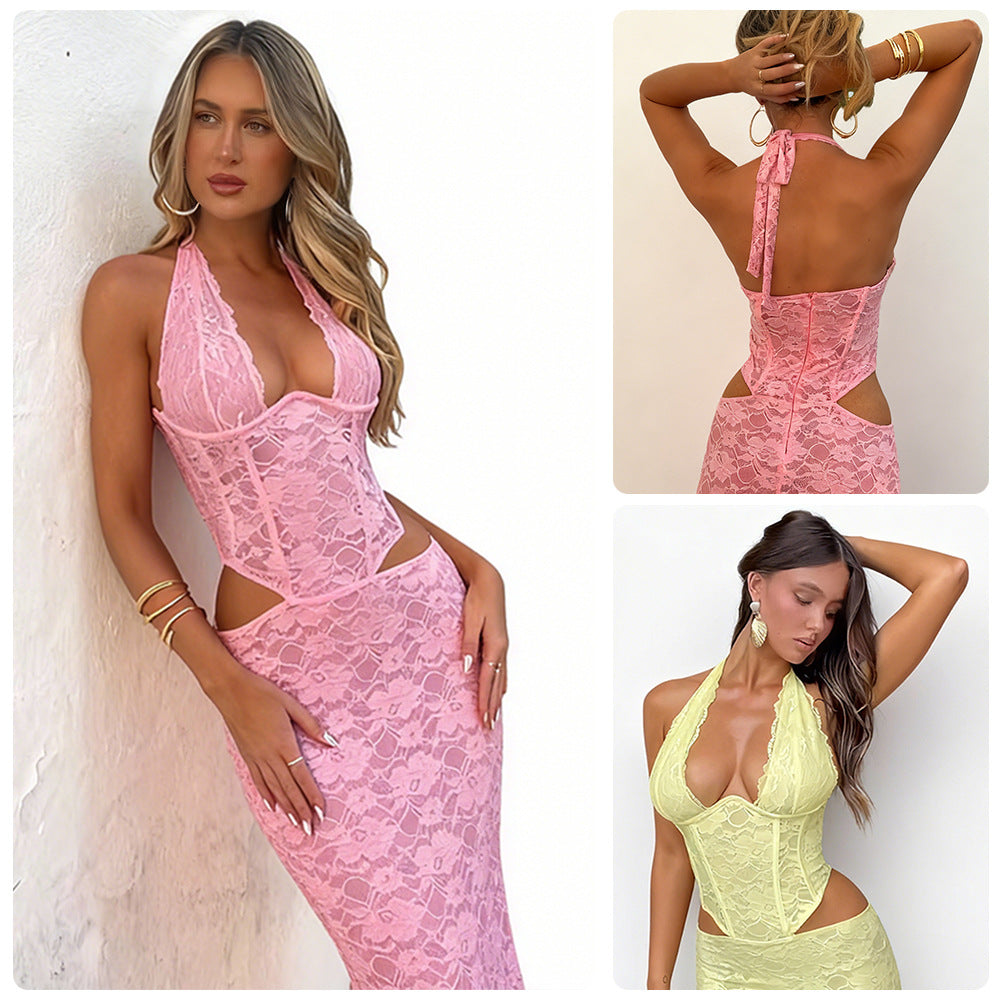 Damen Langes Spitzenkleid mit sexy Ausschnitten und raffinierten Details Drune