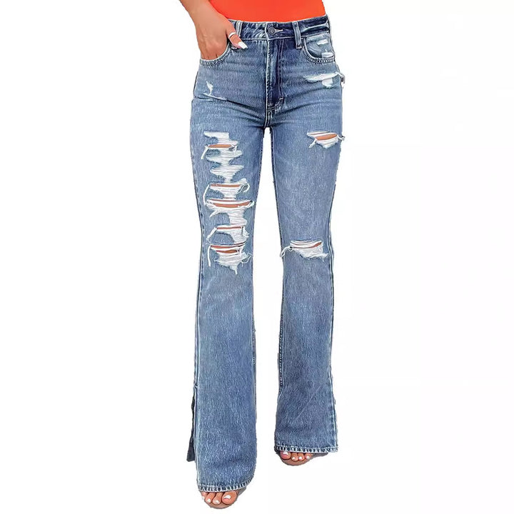 Damen High-Waist Flared Jeans mit Destroyed-Effekten und seitlichem Schlitz Drune